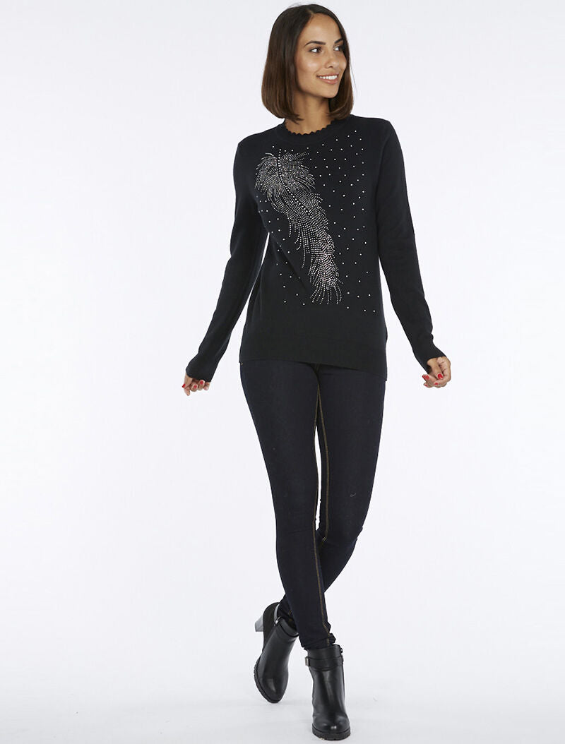 Pull basic plume en strass - noir - 2