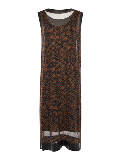 Robe longue imprimée bord simili - marron - 1