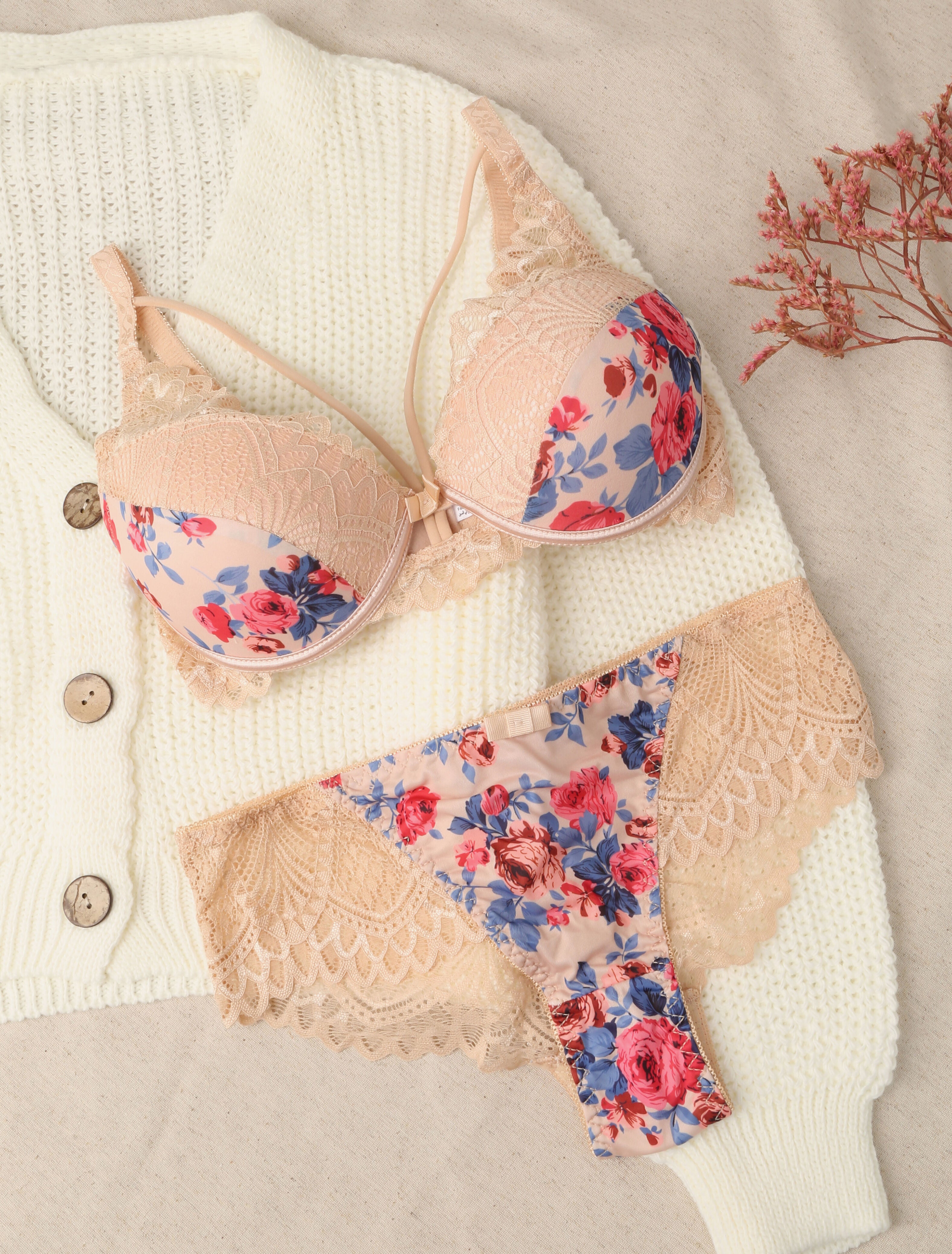 Ensemble imprimé roses et lace out - Nude - 1
