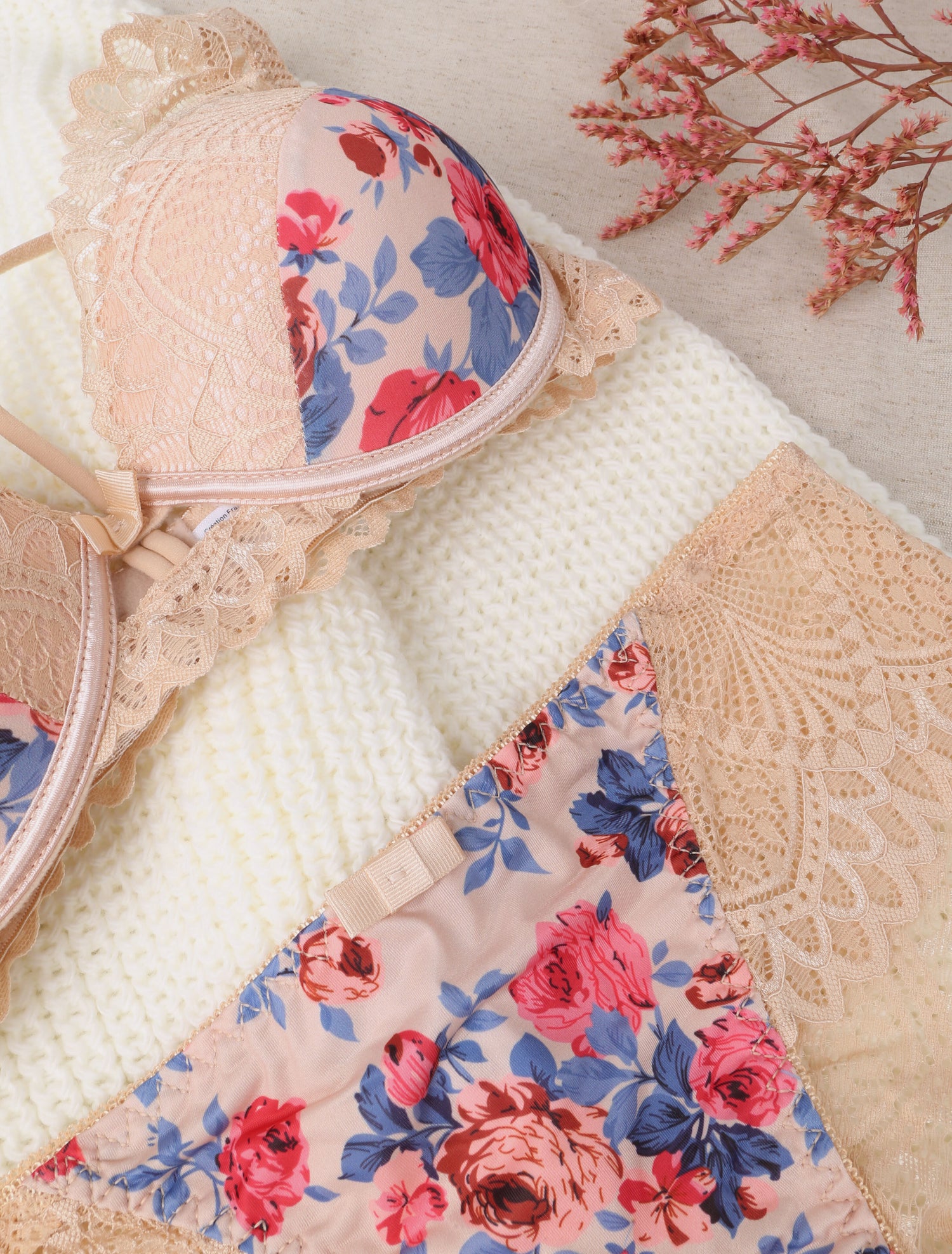 Ensemble imprimé roses et lace out - Nude - 3