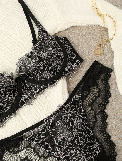 Ensemble en dentelle contrastant - Noir - 3
