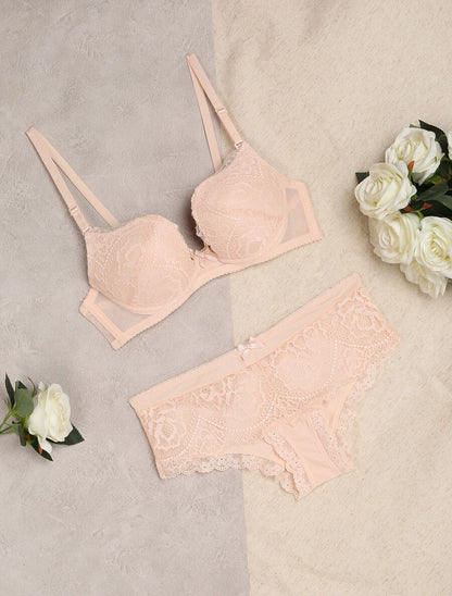 Ensemble en dentelle à liens - Rose pâle - 1