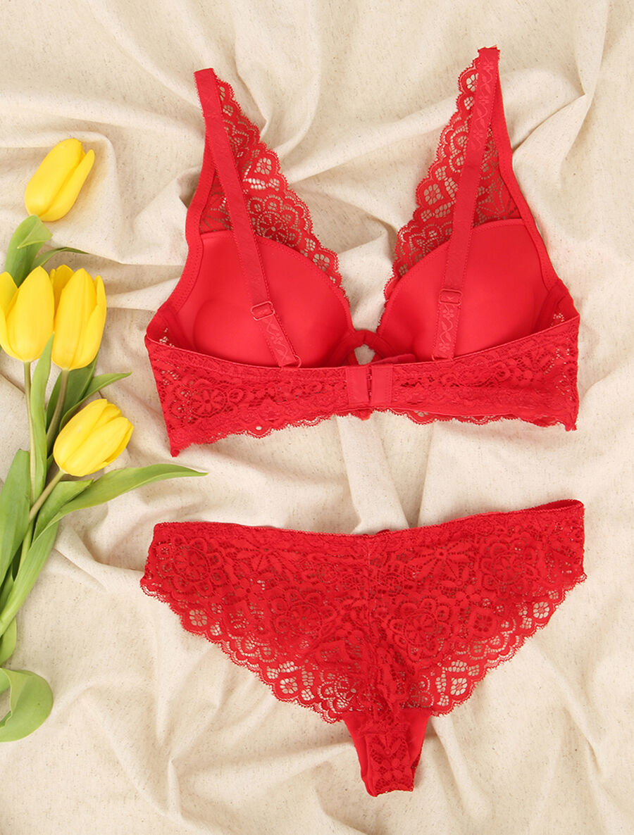 Ensemble en dentelle à motifs fleuris - Rouge - 2