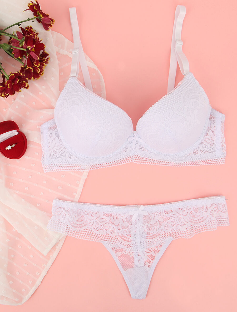 Ensemble en dentelle fleurie et détail noeud - Blanc - 1
