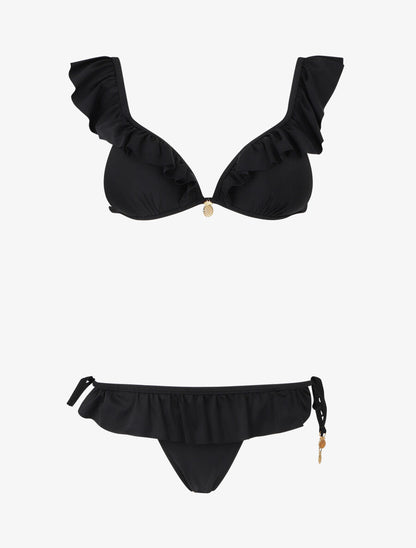 Bikini volanté à détail bijoux ananas - Noir - 4