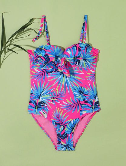 Maillot de bain une pièce imprimé feuille tropicales - Rose fluo - 1