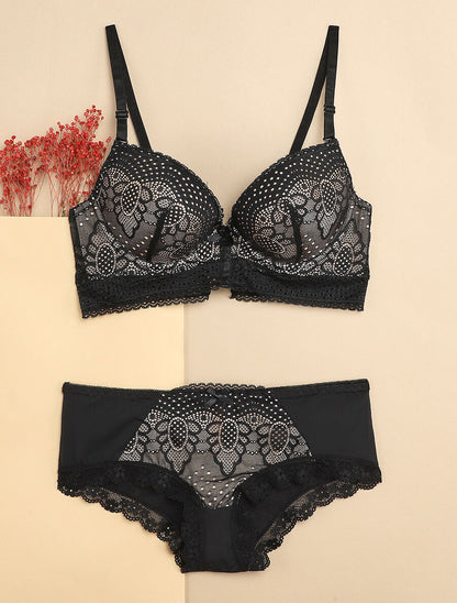 Ensemble à bord large en dentelle piquetée et shorty - Noir/nude - 1