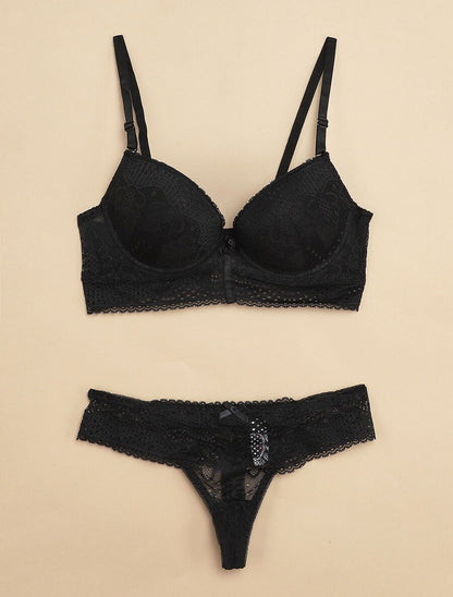 Ensemble à bord large en dentelle piquetée et tanga - Noir - 1