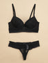 Ensemble à bord large en dentelle piquetée et tanga - Noir - 1