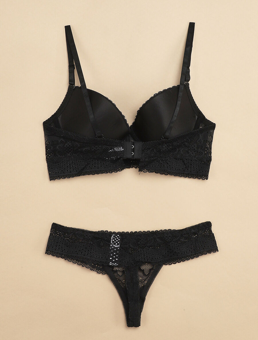 Ensemble à bord large en dentelle piquetée et tanga - Noir - 2