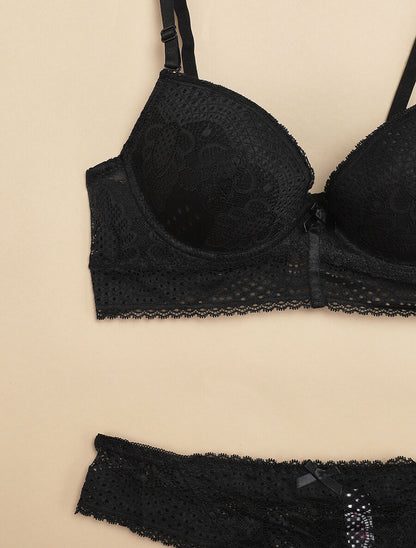 Ensemble à bord large en dentelle piquetée et tanga - Noir - 3