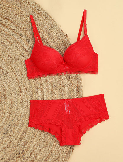Ensemble à fine broderie fleurie et shorty - Rouge - 4