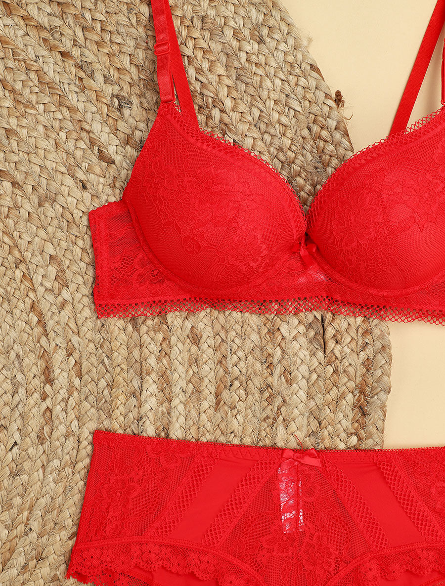 Ensemble à fine broderie fleurie et shorty - Rouge - 3