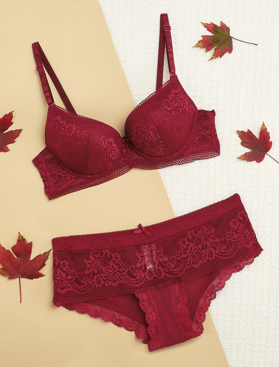 Ensemble push-up à broderie fleurie et shorty - Prune - 4