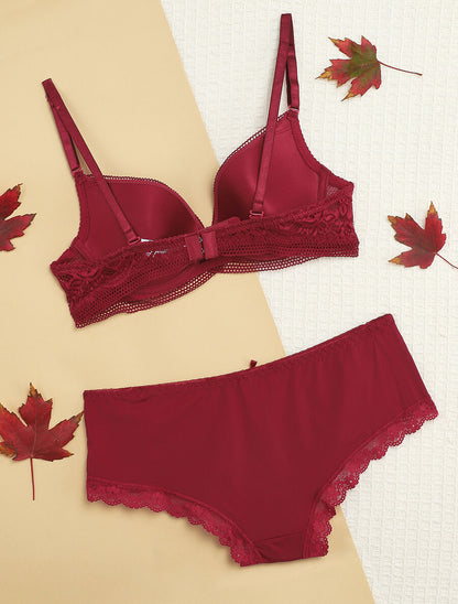 Ensemble push-up à broderie fleurie et shorty - Prune - 2