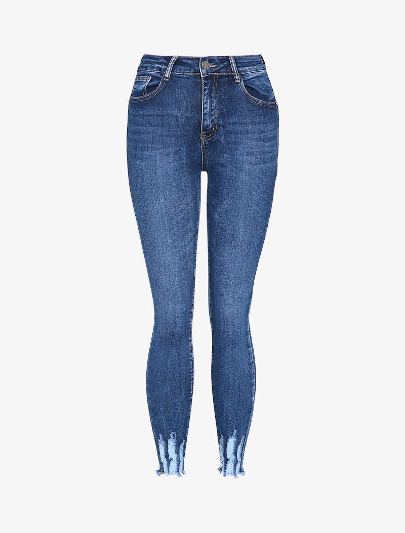 Jean skinny delavé à bords coupe franche effilochés - Bleu - 3