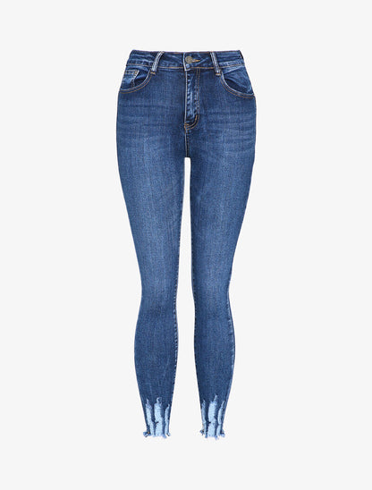 Jean skinny delavé à bords coupe franche effilochés - Bleu - 3