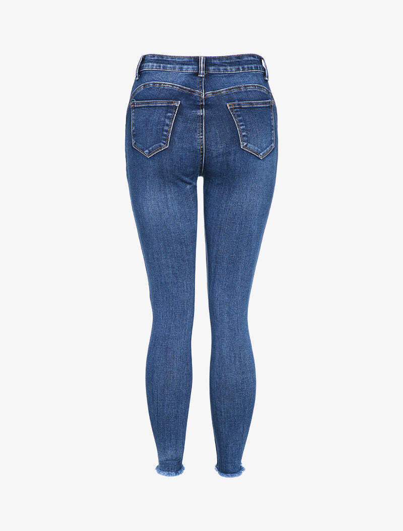 Jean skinny delavé à bords coupe franche effilochés - Bleu - 2