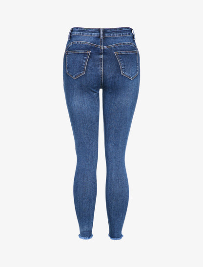 Jean skinny delavé à bords coupe franche effilochés - Bleu - 2