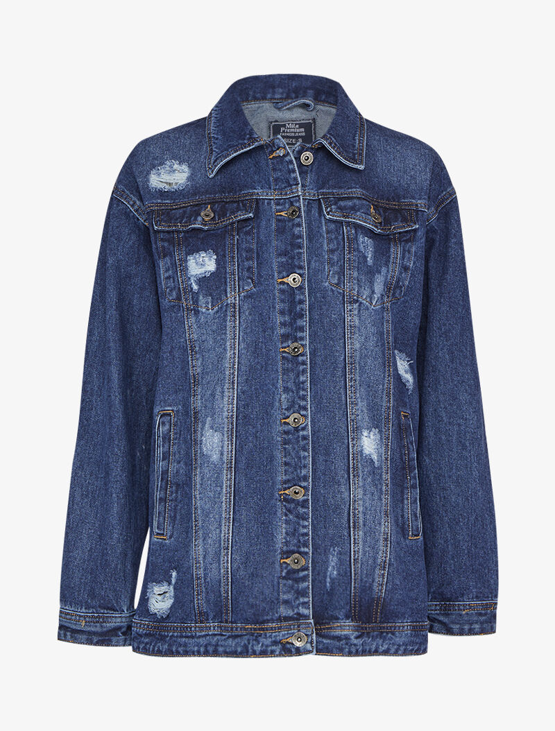Veste en jean oversize délavée et griffée - Bleu denim - 3