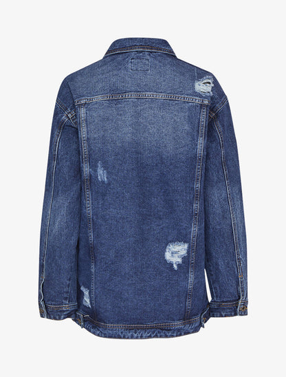 Veste en jean oversize délavée et griffée - Bleu denim - 2