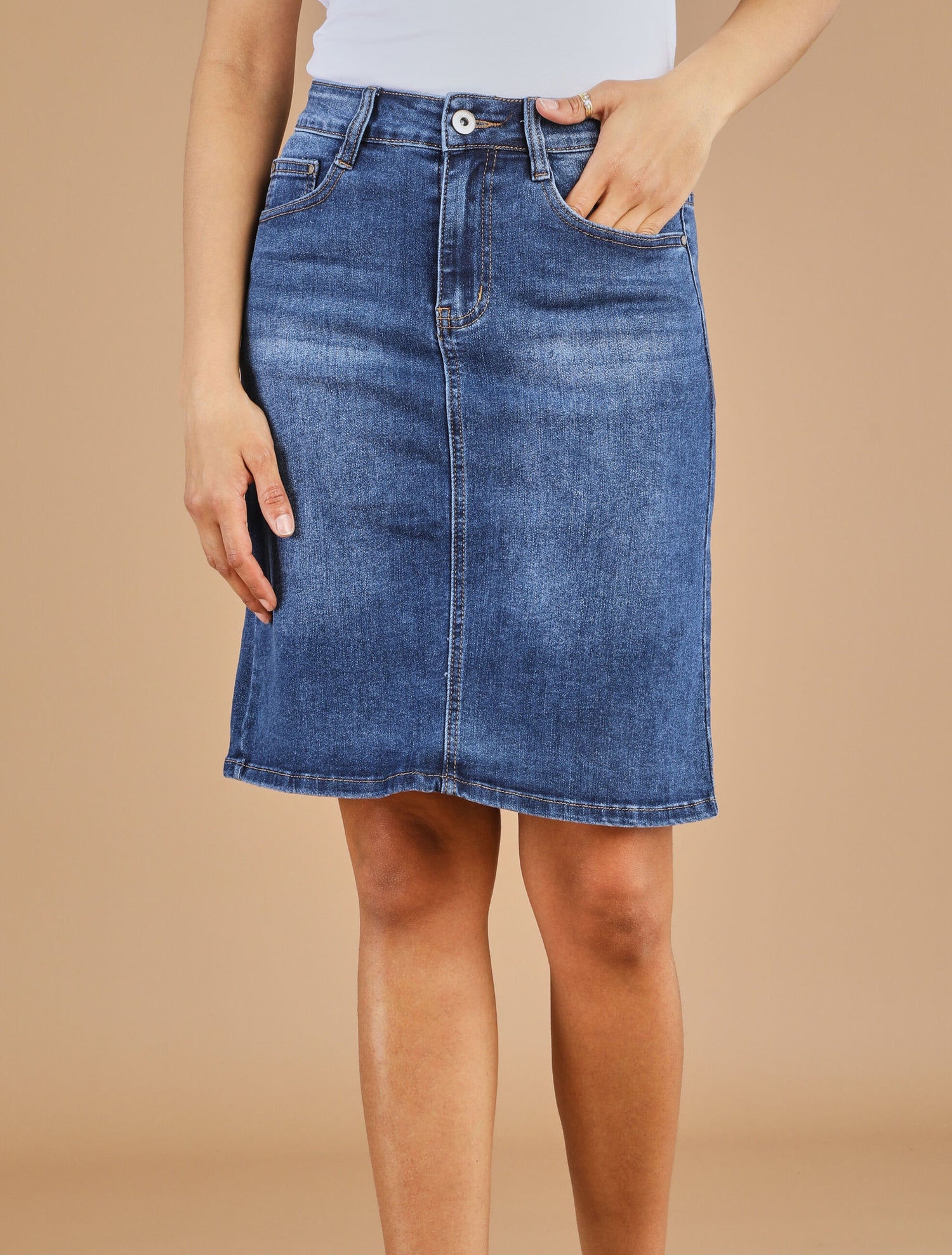 Jupe en jean droite délavée taille standard - Bleu denim - 4