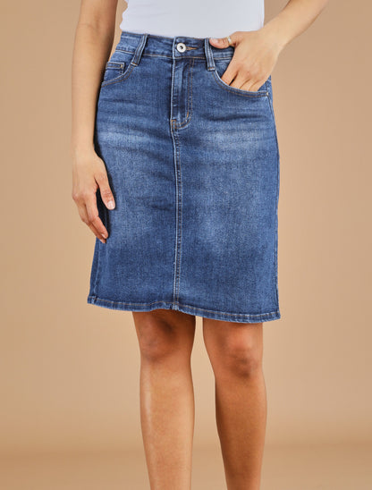 Jupe en jean droite délavée taille standard - Bleu denim - 4