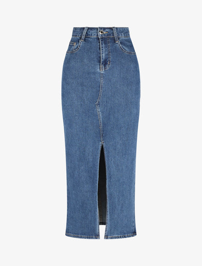 Jupe longue en jean coupe droite - Bleu - 1