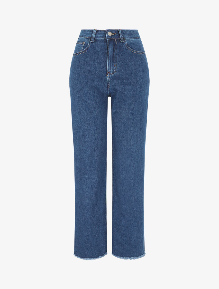 Jean ample taille haute bords effilochés - Bleu - 1