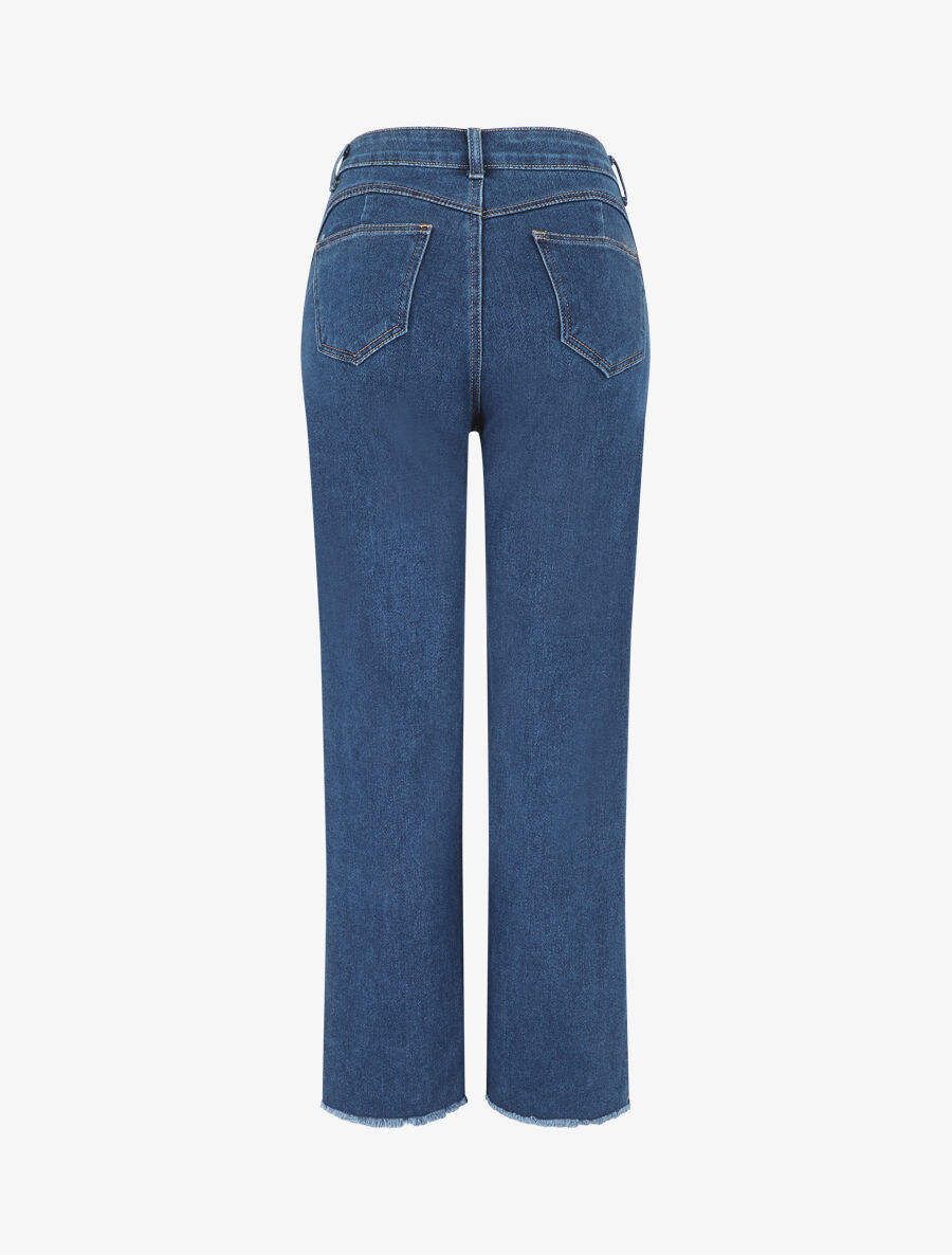 Jean ample taille haute bords effilochés - Bleu - 2