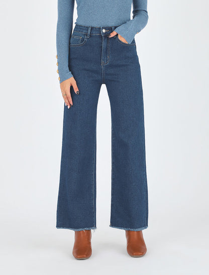 Jean ample taille haute bords effilochés - Bleu - 4