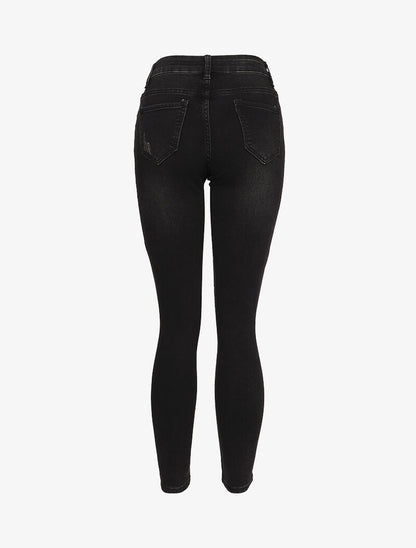Jean skinny boutonné à taille haute et déchirures - Noir - 2