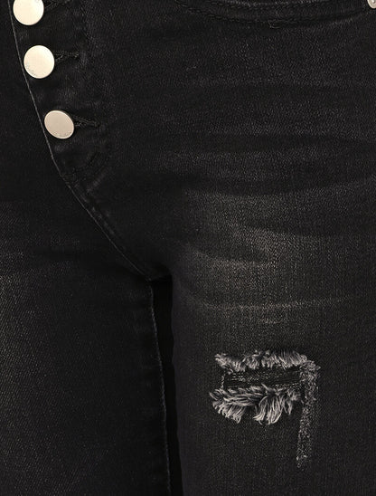 Jean skinny boutonné à taille haute et déchirures - Noir - 3