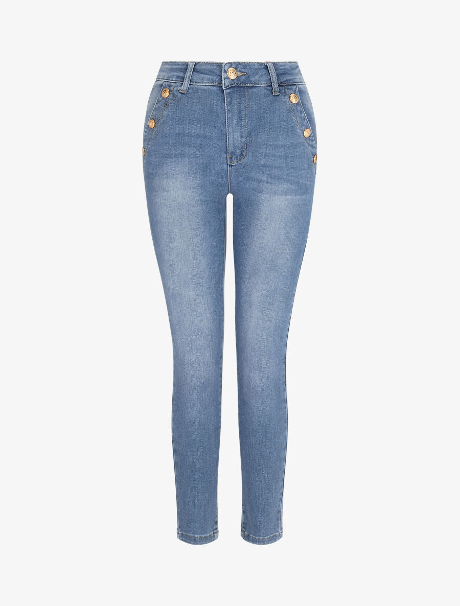Jean skinny taille standard poches à boutons décoratifs - Bleu - 4