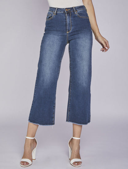 Jean droit 7/8 à bords effilochés - Bleu denim - 1