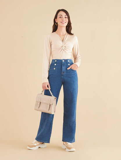 Jean wide leg à boutons décoratifs coupe droite - Bleu - 4