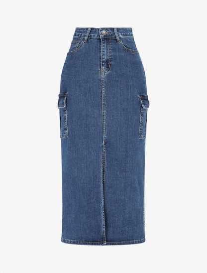 Jupe cargo fendue en jean - Bleu - 1
