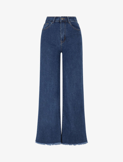 Jean droit taille haute à bords effilochés - Denim - 1