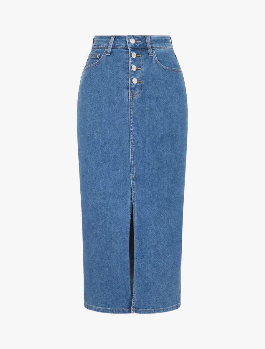 Jupe en jean boutonnée coupe droite - Bleu - 1