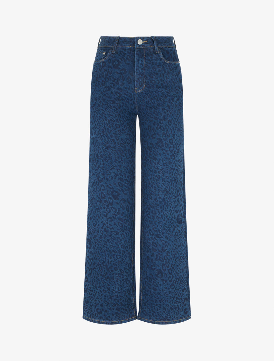 Jean wide leg imprimé léopard coupe droite - Bleu - 1