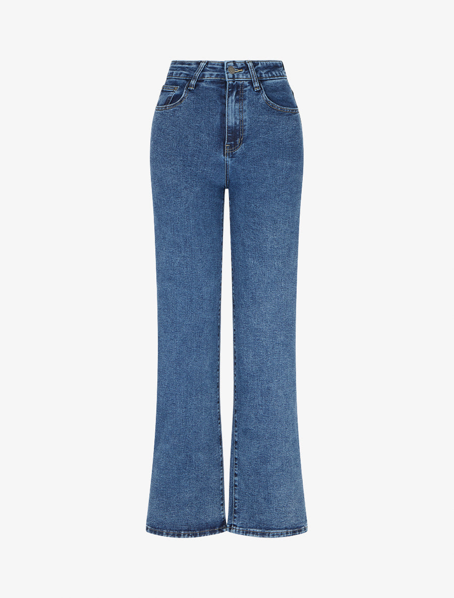 Jean droit délavé à taille haute - Bleu brut - 1