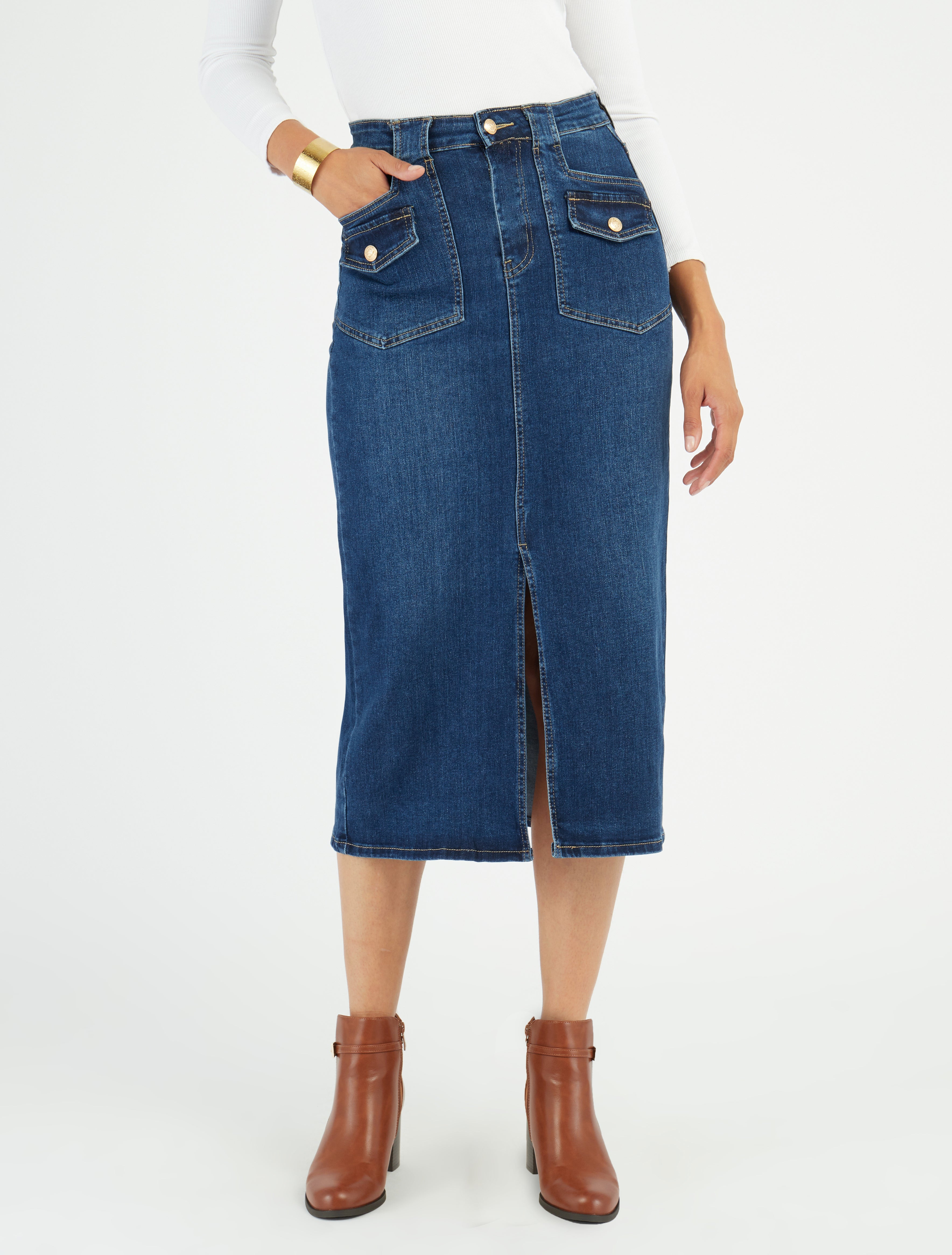 Langer Jeansrock mit Klappentaschen - Denimblau