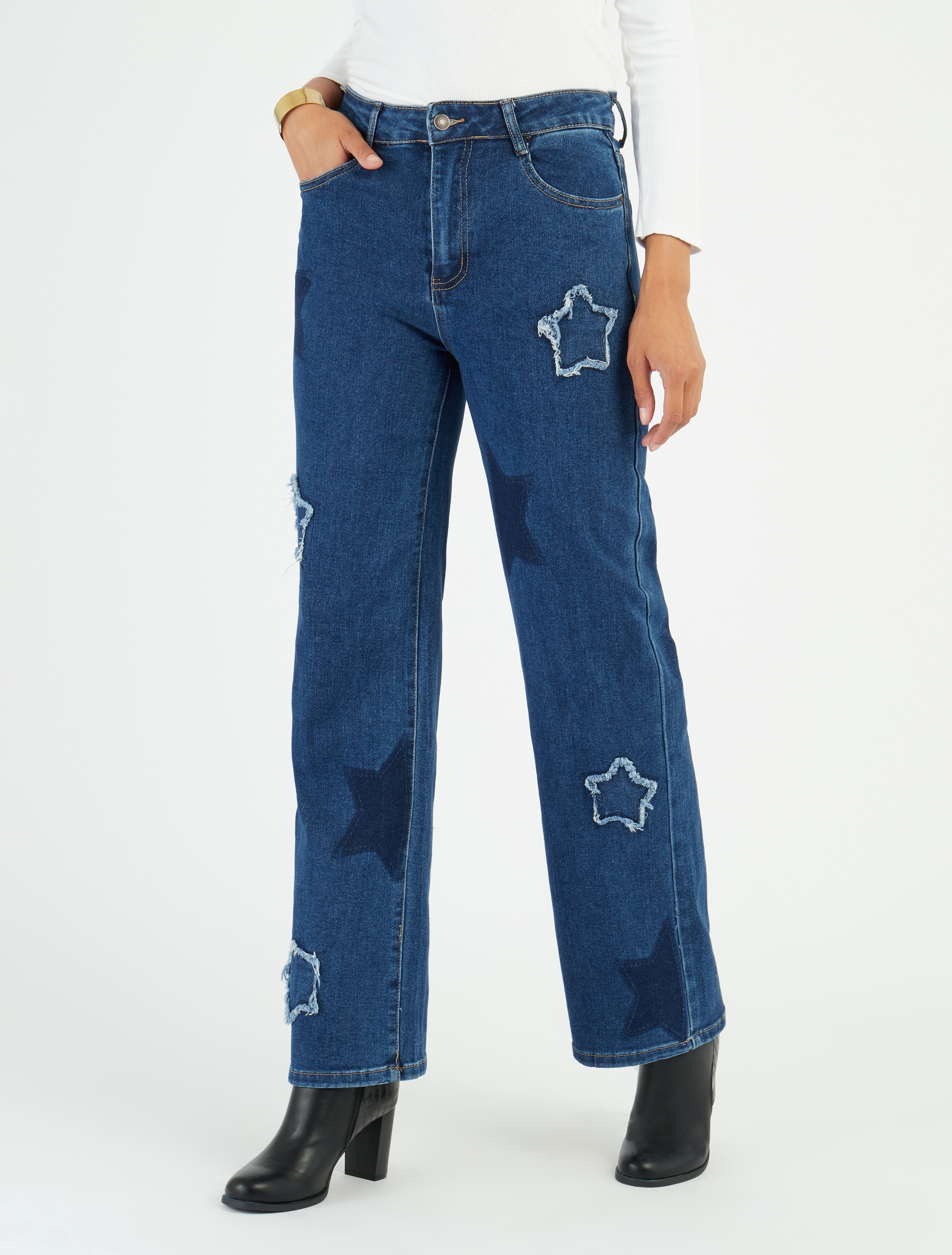 Jean mit hohem Bund und Sternenmuster - Blau