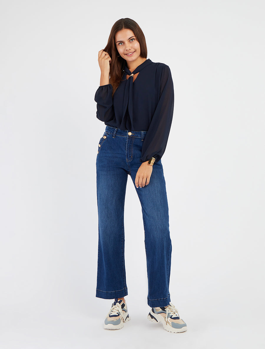 Jean à boutons décoratifs coupe droite - Bleu - 8