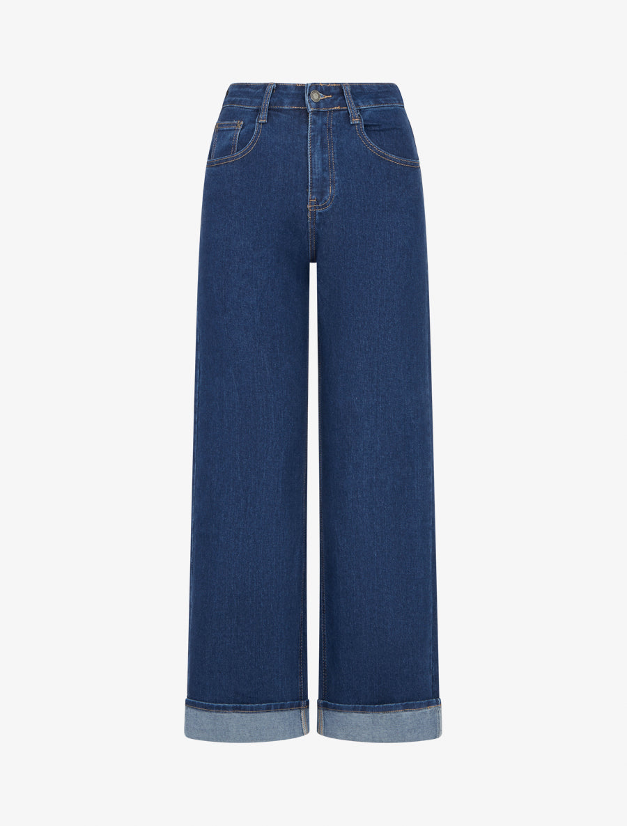 Jean ample à revers et taille haute - Bleu - 1