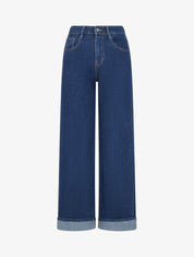 Jean ample à revers et taille haute - Bleu - 1