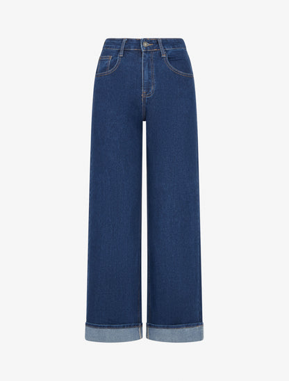 Jean ample à revers et taille haute - Bleu - 1