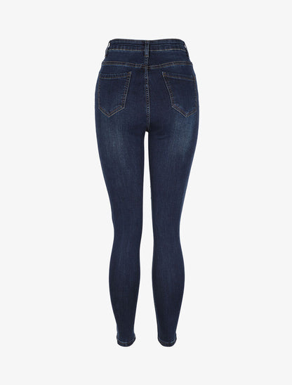 Jean skinny légèrement délavé à taille haute - Bleu foncé - 2