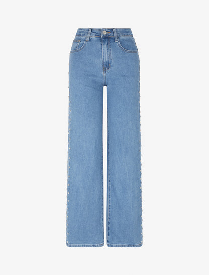 Jean wide leg à strass étoiles - Bleu - 1