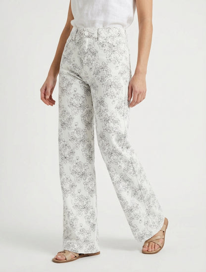 Jean mit weitem Bein, Blumenmuster, gerader Schnitt - Weiß